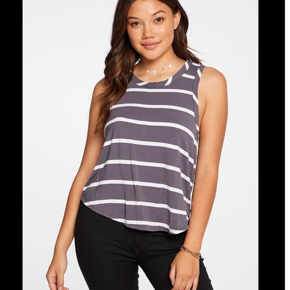 Chaser Tops - NWT Chaser grey and white striped linen tank top